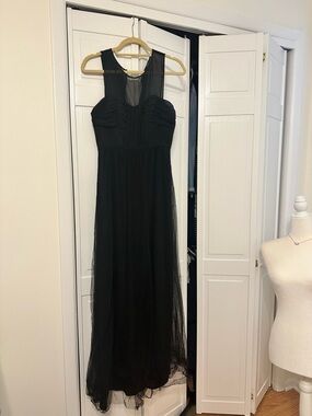 BCBGeneration Black Maxi Dress with mesh overlay. Wedding guest dress. Black tie